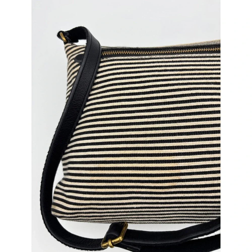 FOSSIL Striped Leather Crossbody Handbag Bag Black Brown‎ Gold Brass Prep Medium